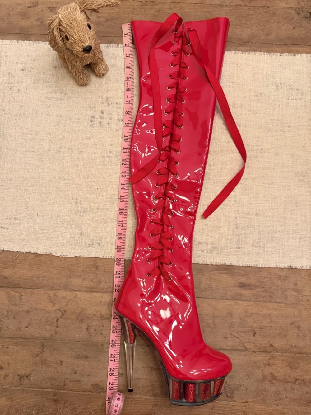 Red Lace-Up Patent Thigh-High Platform Boot